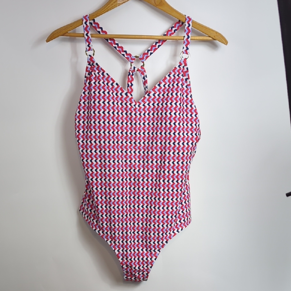 NEW Shade And Shore Red White Blue Chevron Swimsuit Sz XL 16